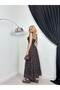Women's Coffee Color Maxi Dress with Strap Tie, Square Neck, Embroidered A-Line - 3