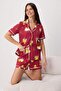 Claret Red 100% Cotton Duck Patterned Ribbed Shorts Knitted Pajamas Set Thmss25Pt00300 - 3