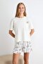 Ecru 100% Cotton Cat Printed Ruffle Knitted Pajamas Set Thmss26Pt00174 - 2