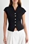 Siyah Fitted V Yaka Yarasa Kol Regular İnterlok Örme Yelek TWOAW27YE00028 - 3