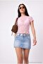 Pembe Düz Fitted Bisiklet Yaka Standart Kol Kısa Crop Dantel Örme Bluz TWOSS26BZ00995 - 6
