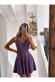 Shining Crepe Fabric Thin Strap Flared Dress 581746 Purple - 2