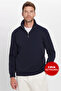 Unisex Relax Fit Comfortable Cut Cotton Fleece Inside Half Zipper Navy Blue D Mock Neck Sweatshirt - 3
