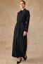 Satin Trimmed Collar and Sleeves, Stone Embellished Lined Overcoat Black 6841 - 3