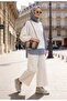 Striped Shirt Detailed Tunic Double Suit |   Ecru with Pockets, Wide Legs and Tunic - 2