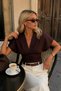 Waist-Tied Gathered Half Sleeve Brown Blouse