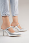 Women's Heeled Slippers Pointed Toe Stone Buckle Stylish Evening Dress and Casual Slippers Alexa Silver - 3