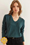 Women's Emerald Green V-Neck Wool Viscose Flowy Blouse Blz- 19002729