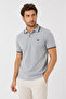 100% Cotton Polo Collar Men's Gray T-Shirt, Navy Blue Striped Short Sleeve Model, - 2