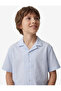 Turn-Down Collar Short Sleeve Striped Poplin Shirt with Embroidery Detail on the Back