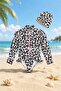 Ruffle Detailed Leopard Pattern Bonneted Girl's Swimsuit