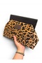Wooden Clutch/Portfolio (Hand/Shoulder Bag) Black Leopard Patterned Imported Furry Fabric - 7