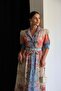 Blue Patterned Button Detailed Belted Midi Length Premium Linen Dress