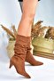 Tan Suede Short Heeled Drawstring Women's Boots L404810602 - 4