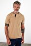 Men's Long Judge Collar Short Sleeve Basic Beige T-Shirt