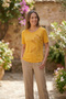 Women's Plus Size Lycra Glitter Printed Short Sleeve Mother T-Shirt Blouse - Mustard