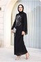 Clover Stone Patterned Stand Collar Crepe Evening Dress - Black - 4