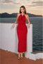 Women's Buckle-Neck Long Dress - Red