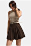 Women's Brown W5 Belted Pleated Organic Cotton Fabric Mini Skirt with Shorts Inside