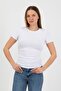 Women's White Crew Neck Side Gathered Basic T-Shirt - H6059 - 5