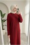 Women's Red Ribbed Loose Knitwear Dress Suitable for Wearing with Hijab