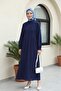 Ribbed Front Half-Buttoned Muslin Dress - Navy Blue - 3