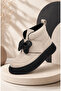 Girl's Beige Velcro Winter Boots with Black Bow Detail