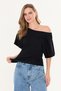 Black Asymmetrical Waist-Fitted 97% Cotton Bat Sleeve Blouse - 3