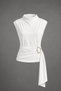 Women's Stand Collar Buckle Detailed Belted Ecru Blouse