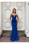 Fish cut, long-sleeved model. V-neck evening dress with eye-catching crystal embroidery on the shoulders 583331 COBALT