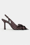 Polka Dot Satin Patterned Women's Pointed Toe Heeled Shoes with Bow Detail - 5