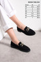 Women's Black Suede Loafer Classic Low Heel Gold Chain Detailed Oval Toe Casual Moccasin Shoes 100 - 4