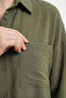 Women's Single Pocket Oversize Linen Shirt 1073 - A.Khaki - 5