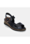 Women's Black Bone Buckle Wedge Heeled Leather Sandals - 7