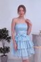 Women's Strapless Bow Detailed Layered Ruffle Mini Dress Woven Baby Blue, White, Powder, Black, Fuchsia - 3