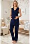 Women's Navy Blue Lace Special Design Maternity Pajama Set - 2