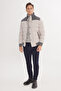 Men's Beige Standard Fit Regular Cut Stand Collar Snap Fastener Side Pocket Color Block Puffer Jacket - 2