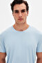 Slim Fit Light Blue Plain Embossed Printed T-Shirt - 3