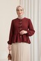 Buttoned Blouse with Bow Detail on the Front and Elasticated Sleeves - Burgundy - 4