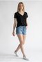 Women's Stone Embellished Stretchy Modal Fabric V-Neck Short Sleeve Black Blouse