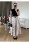 High Waist Pu Detailed Satin Fabric Ankle-Length Long Flared Skirt De32010
