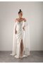 Beaded Embroidered Slit Evening Dress with Cape Sleeves, Wedding, Engagement Dress - 8