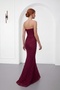 Women's Burgundy Strapless Neckline Stoned Long Lace Evening Dress - 5