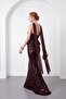 Women's Brown Shawl Collar Sequin Long Fishtail Evening Dress - 6
