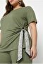 Women's Plus Size Short Sleeve Side Gathered Scarf Tie Sweatshirt Set 8260-26 - 2