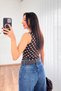Polka Dot Crew Neck Fit Brown Tank Top Blouse - 4