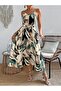 Women's Rope Strap V-Neck Long Patterned Single Jersey Dress with Belt at the Waist - 4