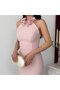 Powder Halter Neck Floral Detailed Pearled Midi Evening Dress - 5