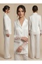 White Satin, Long-Sleeved Pajama Set with Lace Detailing on the Cuffs. - 4