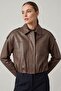 Brown Genuine Leather Oversized Women's Jacket with Cropped Belted Shoulder Epaulettes - 5